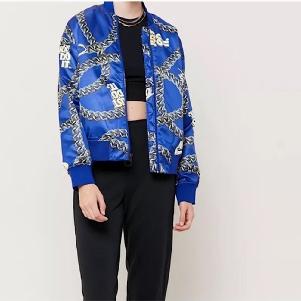 NWT Nike icon chain blue satin bomber jacket